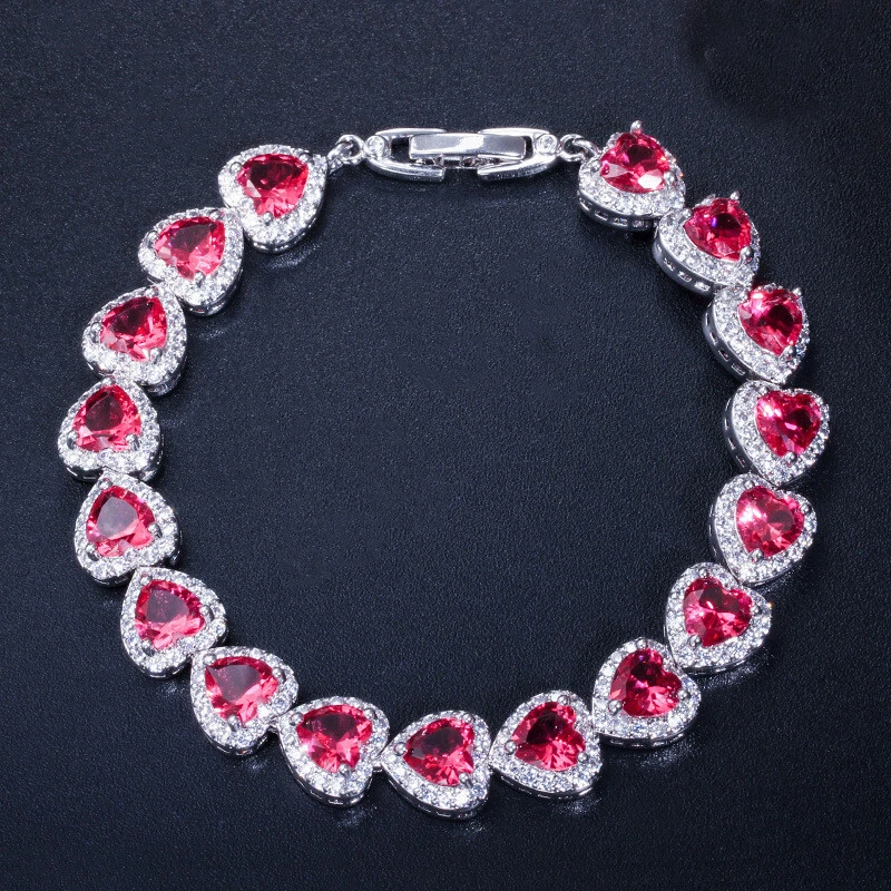 Nuevo Love Corazón Mezcla Color Rojo Granate Topacio Piedras Preciosas Dije Plata Mujer Pulsera Foto 3 de 4