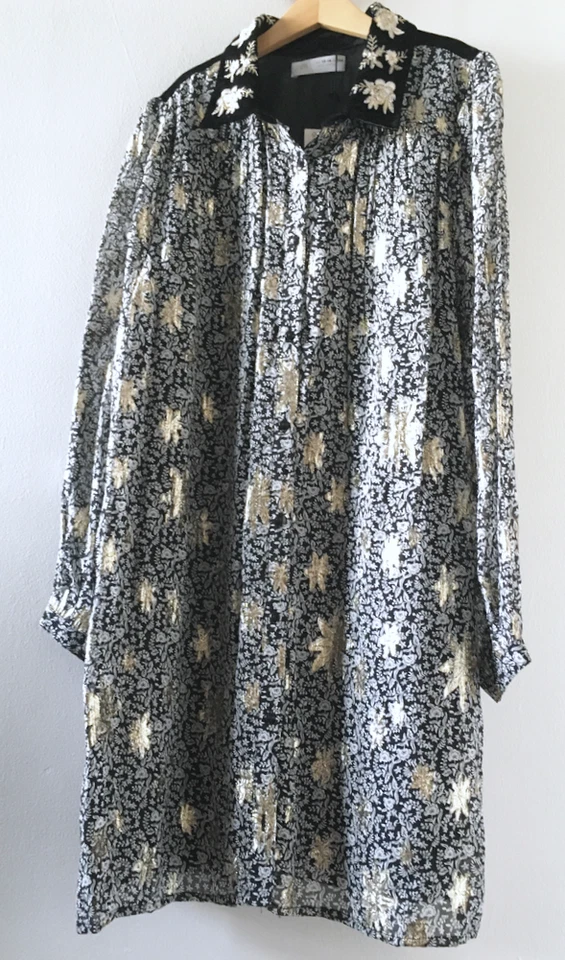 Zara Girls Dress 13-14 Black Gold Metallic Embroidery Ditsy Floral Velour Collar - Image 2 of 4