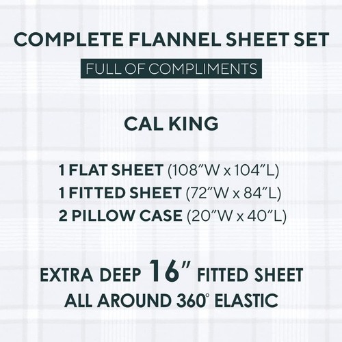 Luxurious 100% Cotton Flannel Sheets - Dark Blue Plaid, Cal King Deep Pocket Set - Picture 7 of 9