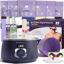 BLITZWAX Brazilian and Bikini Waxing Kit for Men, Hard Wax Warmer for Face, Legs
