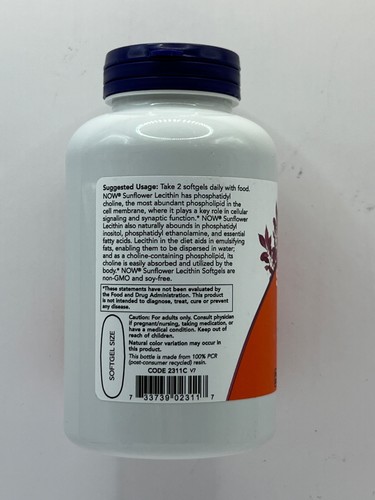 NOW Sunflower Lecithin 1200mg Nervous System Support 100 Softgels Exp 5/28 - Picture 3 of 4