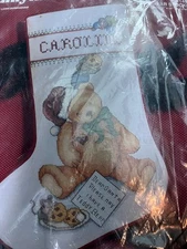 JanLynn Teddy Bear  Christmas Stocking Counted Cross Stitch To Personalize
