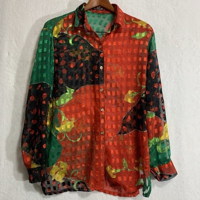A.D.S. Blouse Women s XL Long Sleeve Sheer Checkered Button Up Floral Top Summer