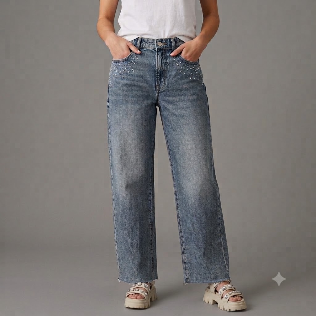 Lucky Brand The Baggy Embellished Straight Leg Jeans Size 4/27 Studded Bling Raw