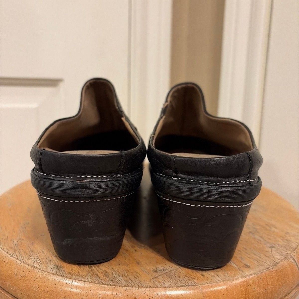 L'Artiste by Spring Step black embossed floral leather wedge mules View 3