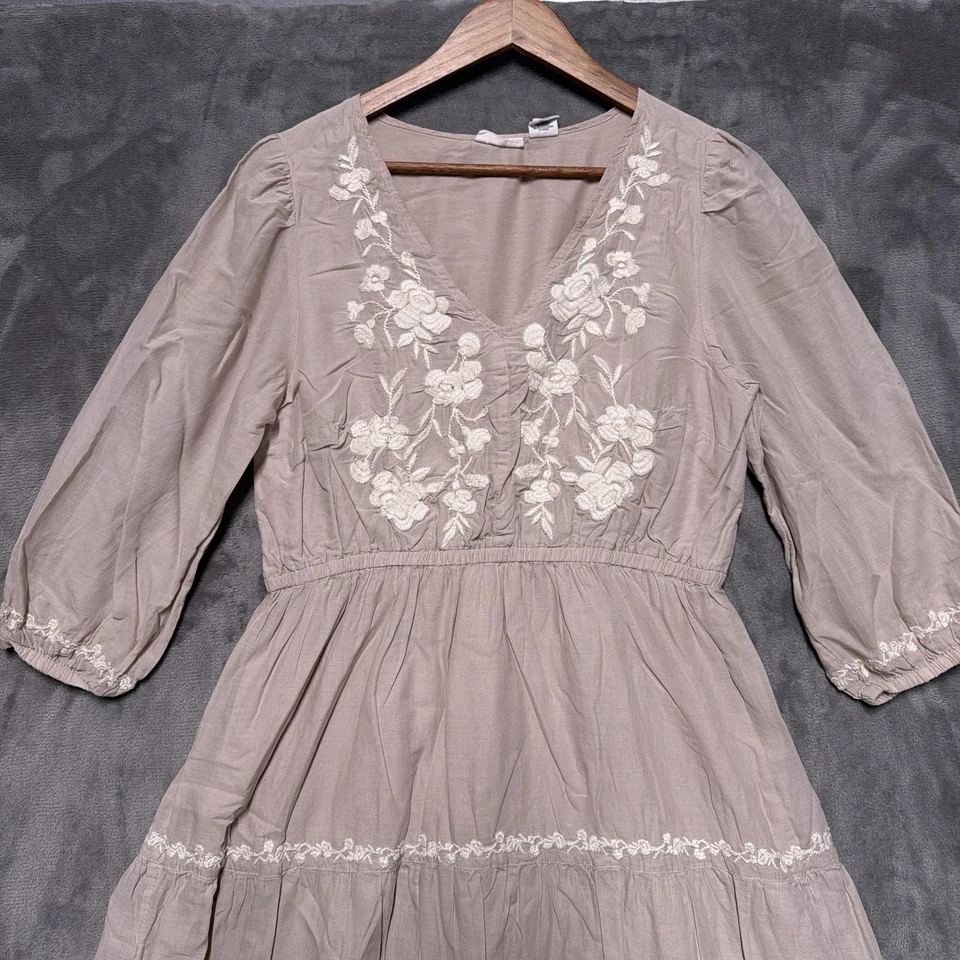 Vestido Lucky Brand para mujer grande beige bordado boho campesino en capas midi Foto 3 de 4