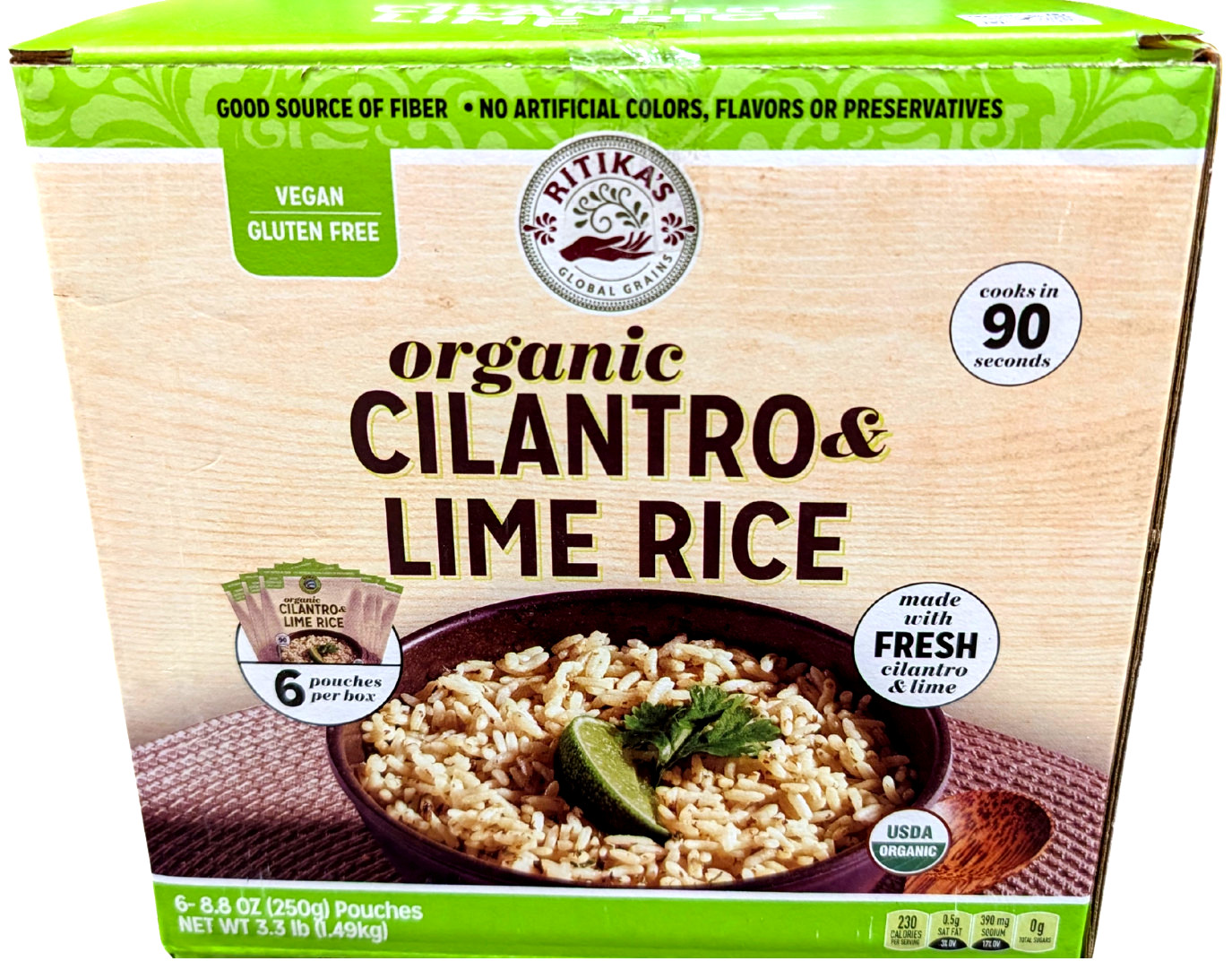 Ritika's Organic Cilantro Lime Rice Gluten Free 6x8.8 Ounce Pouches EXP 03/2027