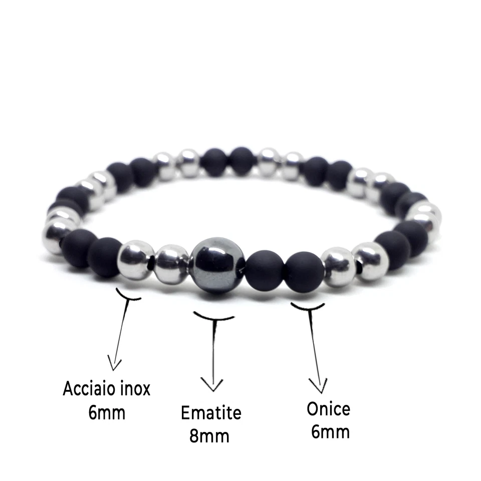 Bracciale Perle NERO opaco e Argento in ACCIAIO INOX da Uomo Donna braccialetto - Immagine 3 di 4