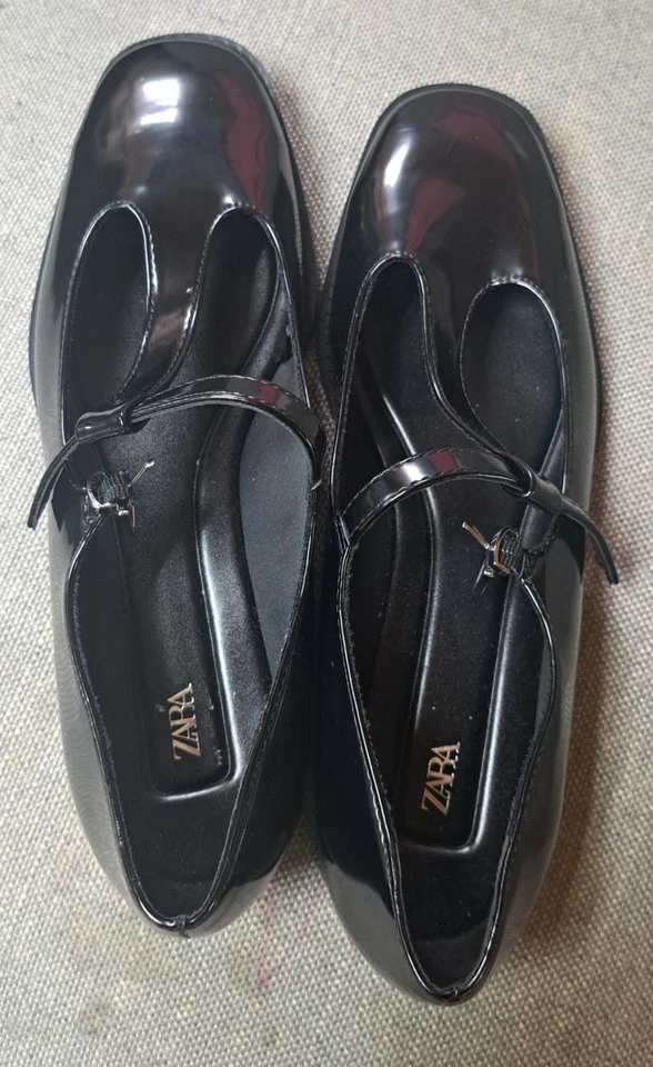 Zara Mary Jane Leather Ballet Flats Sz 40 US 9 Black Square Toe Preppy Chic - Image 2 of 4