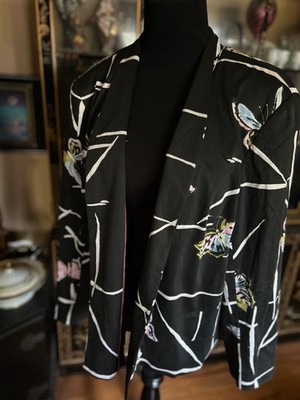 Vtg DUE PER DUE Black & White Butterfly Sporty Open Front Blazer Tiki Party 16W
