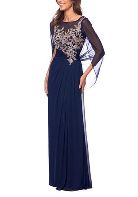 blue and rose gold dress Betsy & Adam Navy Floral-Applique Cape-Sleeve Gown Size 4 $299 Is this dress too valentines 24 Closed back Size:10/42