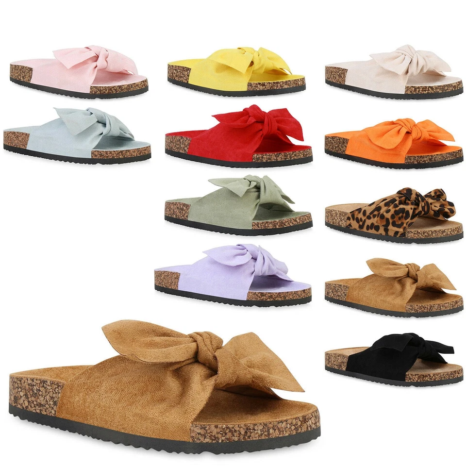 MARKENLOS Damen Sandalen Pantoletten Hausschuhe Schleifen Schuhe 830090 Trendy Neu