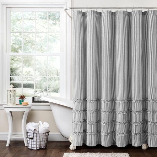 New- Vintage Stripe Yarn Dyed Cotton Shower Curtain, 72" x 72", Black