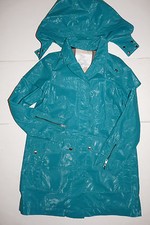 New Authentic BURBERRY Green Blue Trench Coat Rain Size 14 Y Hooded Teens