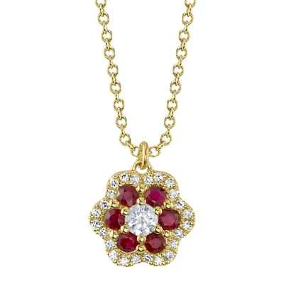 14K Gold Diamant Und Rubin Blume Anhänger Halskette Natürlich Rund Schliff 0.38 - Bild 1 von 4
