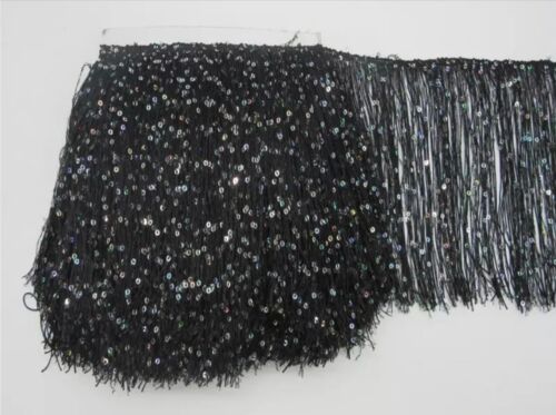 By the Yard-8" BLACK with SILVER laser Sequins CHAINETTE Fabric Fringe Lamp - Picture 1 of 1