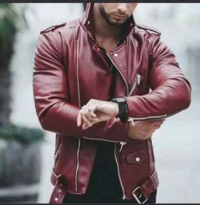 New Men Genuine Lambskin Leather Jacket Maroon Slim fit Biker Motorcycle jacket