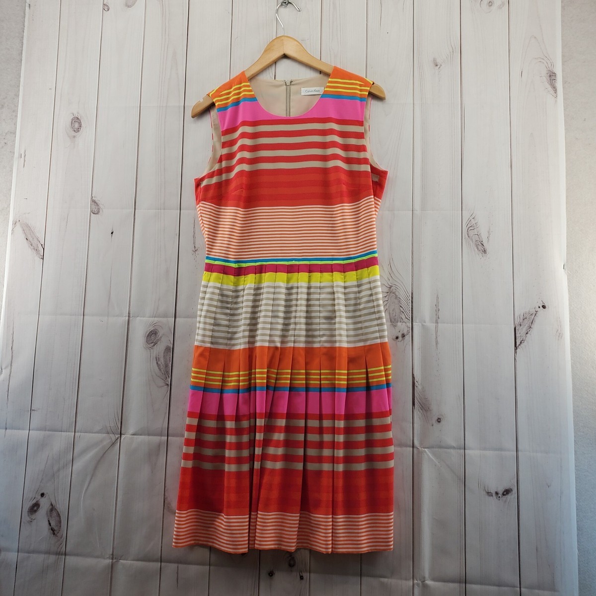 calvin klein women's sleeveless pleated midi dress Calvin Klein Dress Womens 8 Multicolor Striped Sleeveless Pleated Midi Rear  Zip