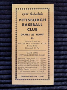 Vintage 1951 Pittsburgh Pirates Baseball Pocket Schedule With Exhibition Games!!