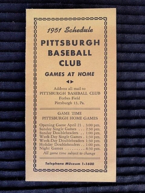 Vintage 1951 Pittsburgh Pirates Baseball Pocket Schedule With Exhibition Games!!
