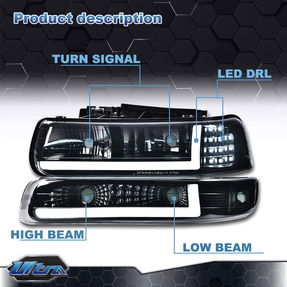 Faro LED DRL para 99-02 Chevy Silverado 1500 2500 HD 3500 + Lámpara de señal de parachoques Foto 3 de 4