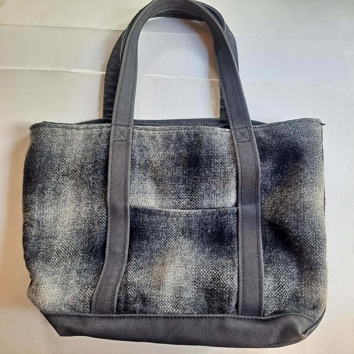 LL Bean Vtg 90s Wool Canvas Boat Tote Work Bag Purse ZipTop Plaid 