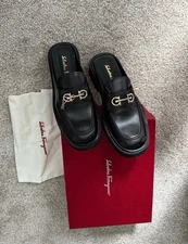 Salvatore Ferragamo Black Leather Flats Mules Size 9.5 Made In Italy Slip On New
