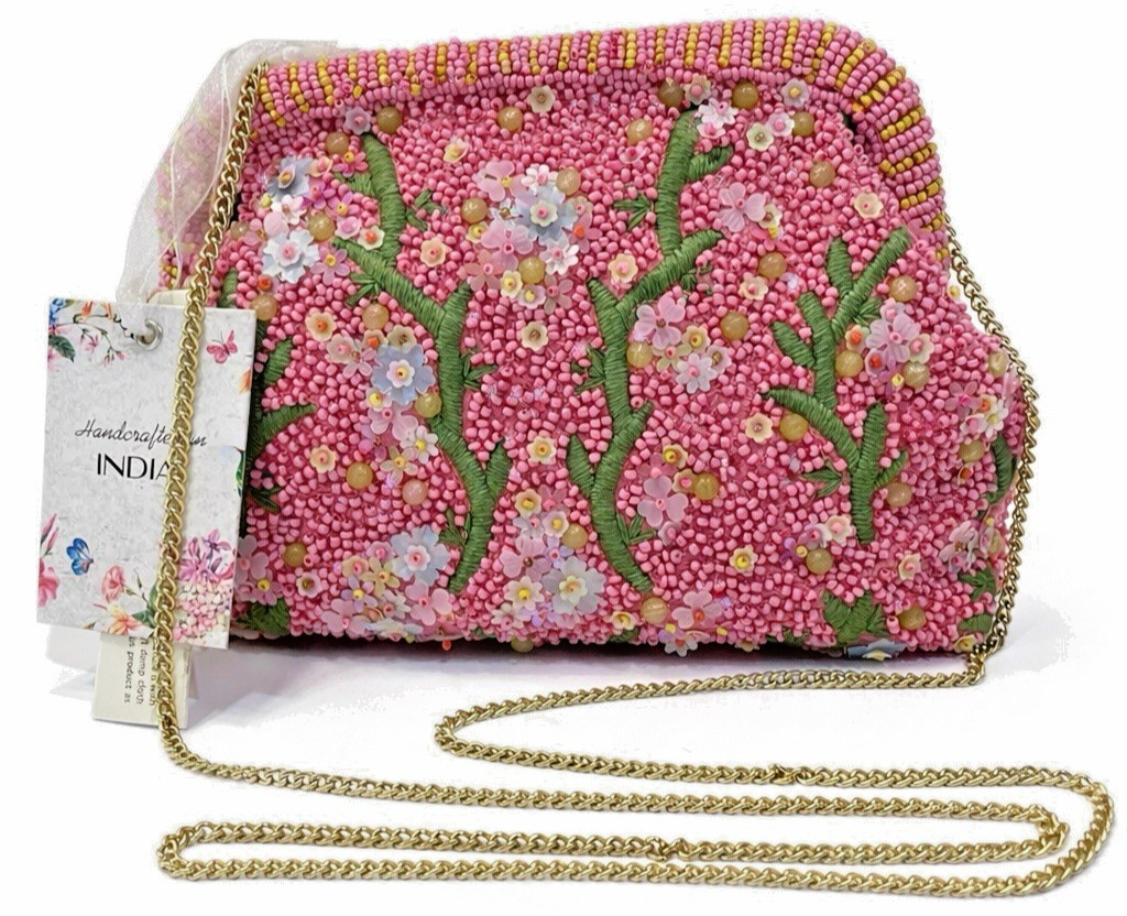 Handcrafted in India Beaded Pink Floral Crossbody Bag Clutch w/Gold Kiss Lock