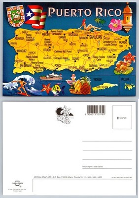 Puerto Rico Illustrated Map Postcard Astral Graphics Josep Opisso Unposted