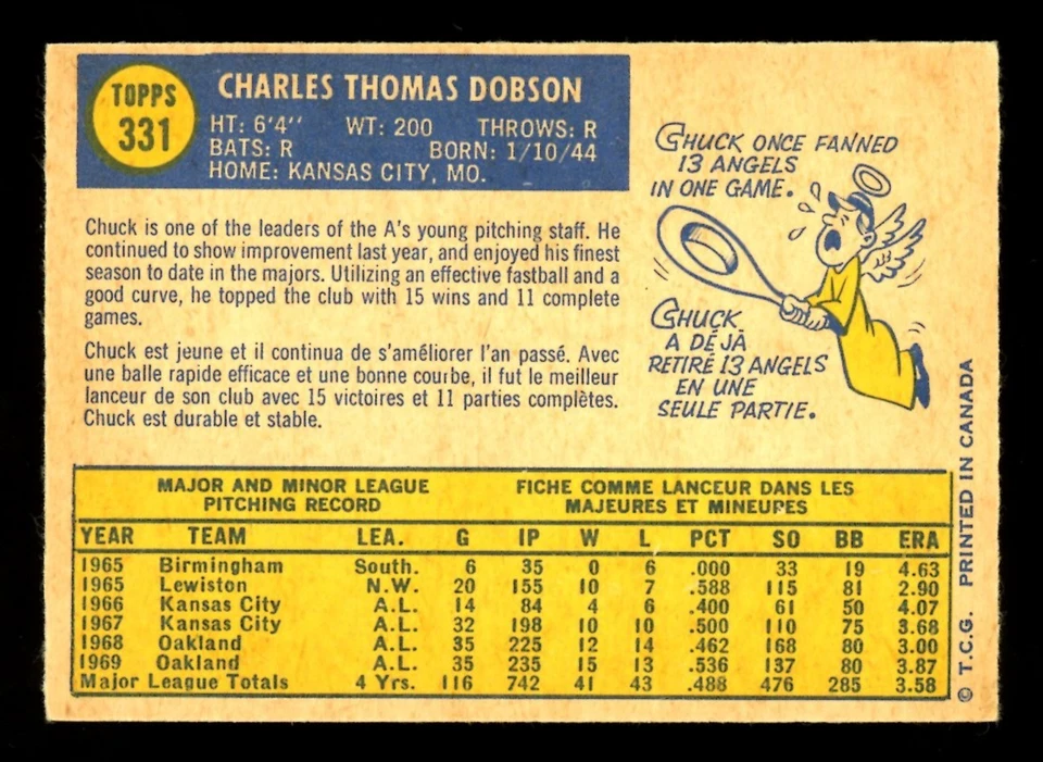1970 TOPPS OPC O PEE CHEE MLB BASEBALL #331 CHUCK DOBSON NM OAKLAND A'S Card - Image 2 of 2