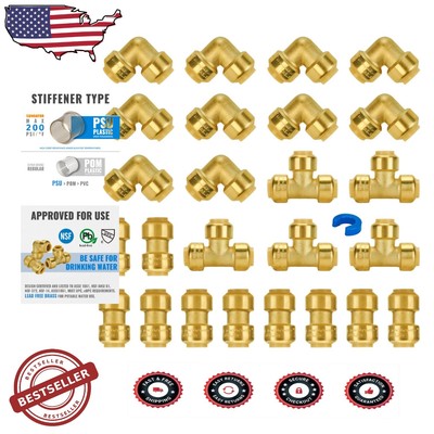 1/2'' Push-to-Connect Pex Fittings, 25pc No-Lead Brass, Easy Install, Versatile