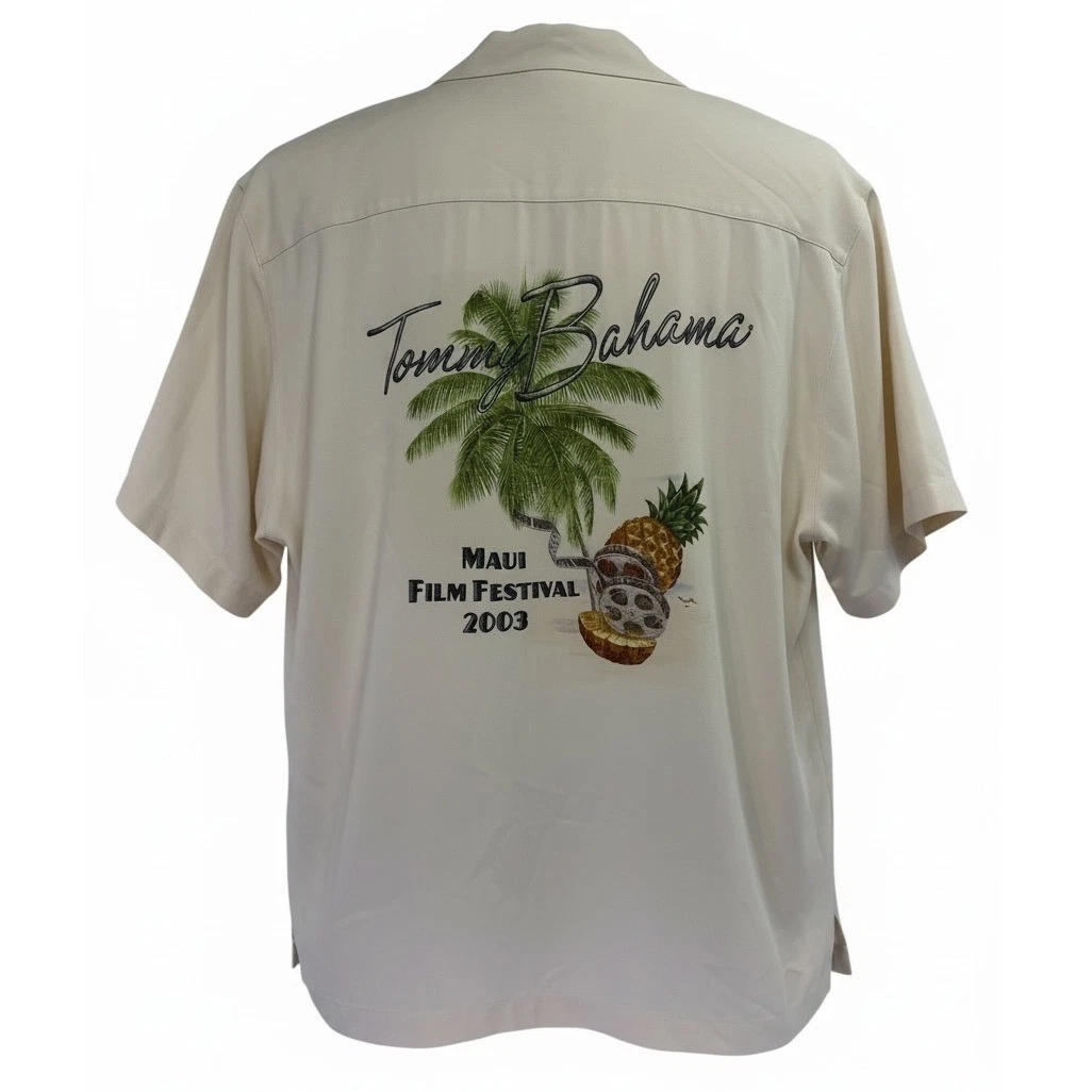 Tommy Bahama Sz Medium Cream Silk Maui Film Festival 2003 Embroidered Shirt (X36