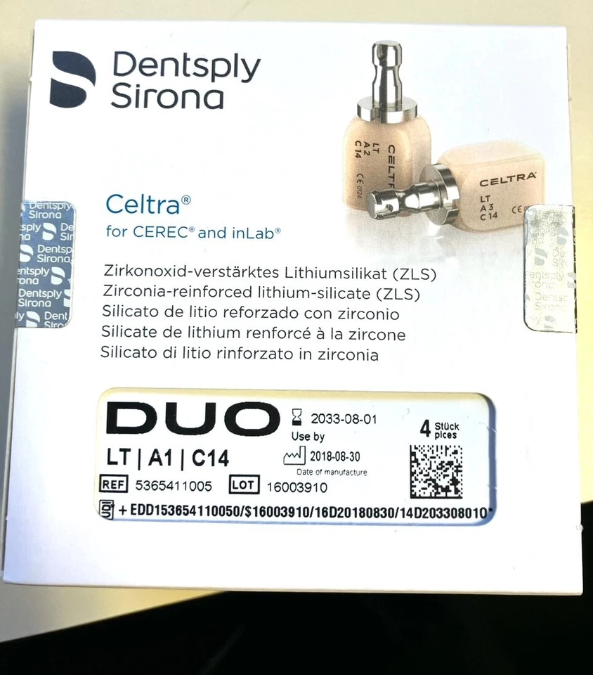 NEW Celtra Duo Blocks for CEREC and inLab, 4/PKG - DENTSPLY LT A1 C14- Shade A 1