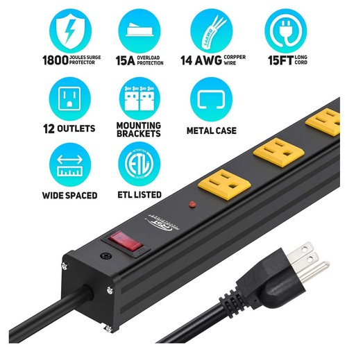 Metal Power Strip Wide Spaced 12-Outlet 15 Feet Cord,15A Circuit,36 inch length - Picture 3 of 8