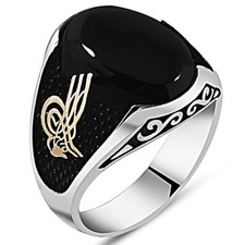 925 Sterling Silver Sultan Tughra Oval Onyx Stone Men's Ring
