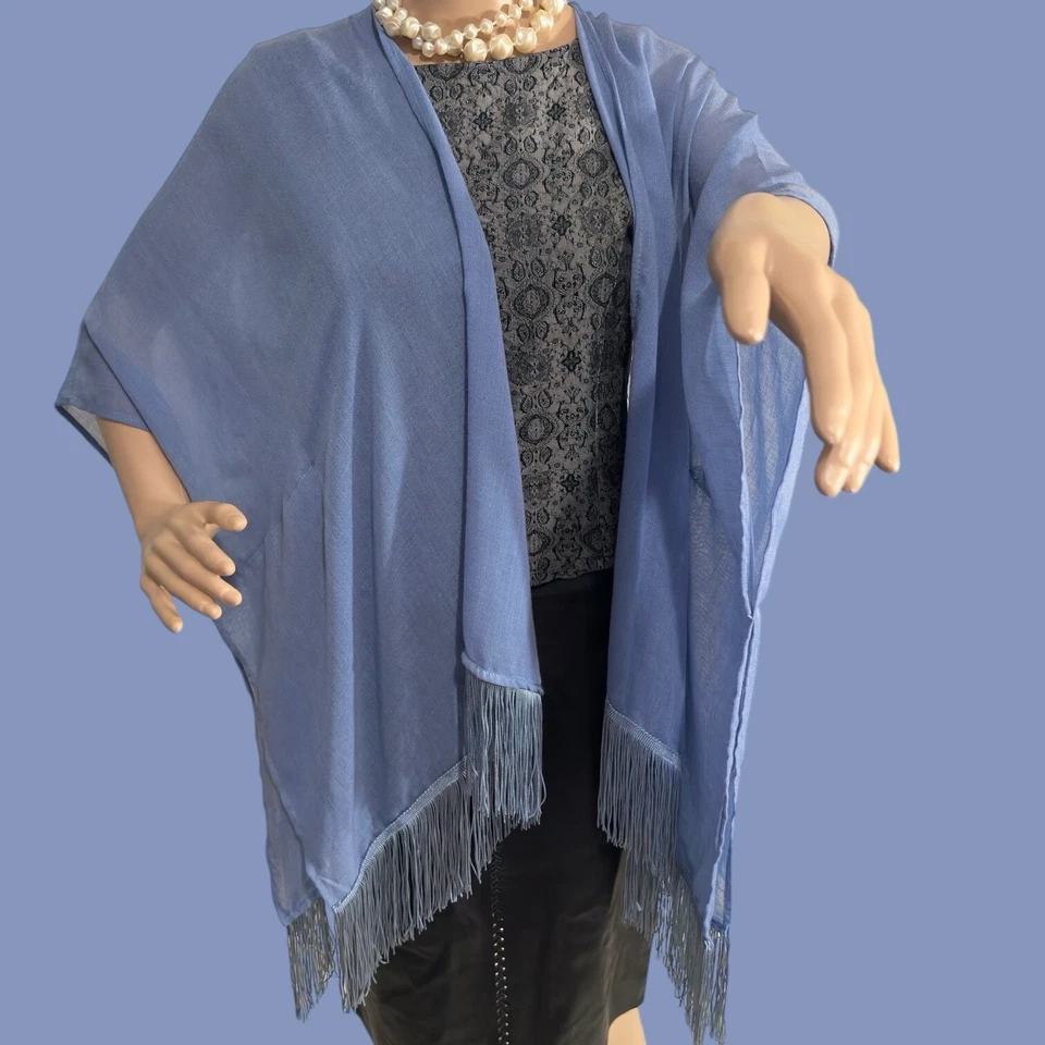 Túnica poncho vintage azul claro envoltório franja canelada tamanho pequeno/médio - Imagem 4 de 4