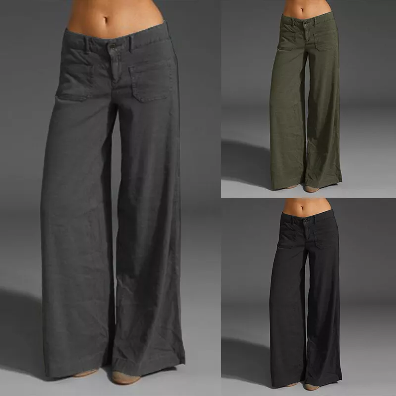 Womens Casual Cargo Low Waist Wide Legged Trousers Loose Cotton Pockets  Pants