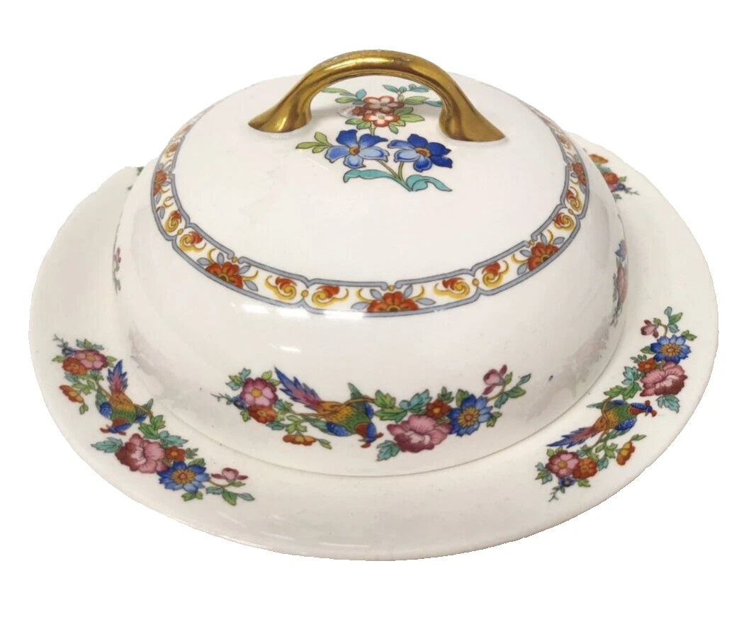 Vintage Limoges France Bone China Porcelain Butter Dish 38K Gold Round Floral