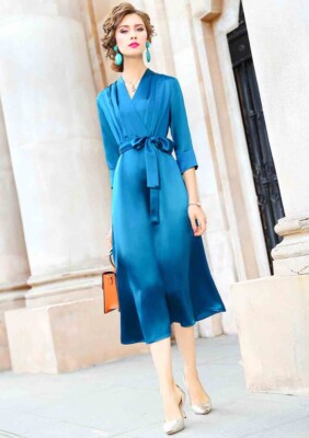Custom Made To Order 3/4 Sleeve V-Neck Satin Tie-Waist Midi Dress  Plus1x-10XL323 | eBay