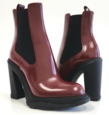 Alexander McQueen Womens Tread Chelsea Leather Heel Boots Wine IT 38.5 / US 8.5