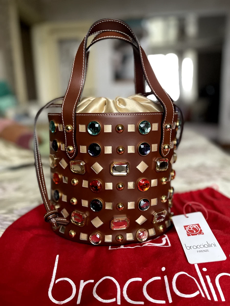 BRACCIALINI BAG👜MADE IN ITALY🇮🇹ORIGINAL BROWN LEATHER BASKET FORM RHINESTONES