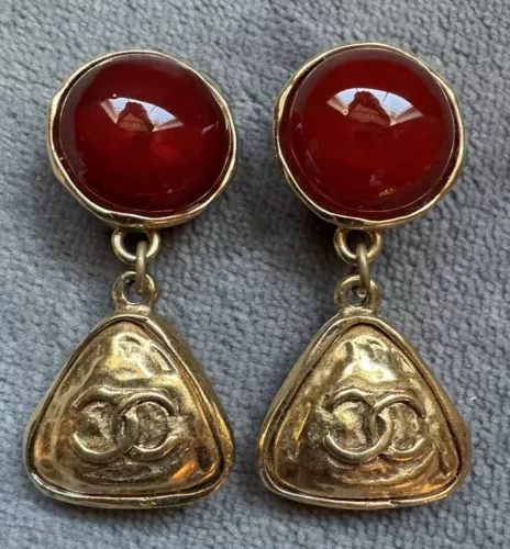 Vintage CHANEL Gripoix Triangle Coco Mark CC Dangle Red Golden Earrings