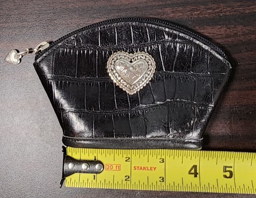 Vintage Brighton Coin Change Purse Small Black Silver Heart Leather Bag w/ Charm - Picture 9 of 10
