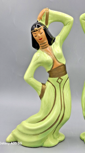 Vintage Egyptian Dancer Figures Ceramic Mid Century Chartreuse & Gold MCM 1950’s - Picture 7 of 9