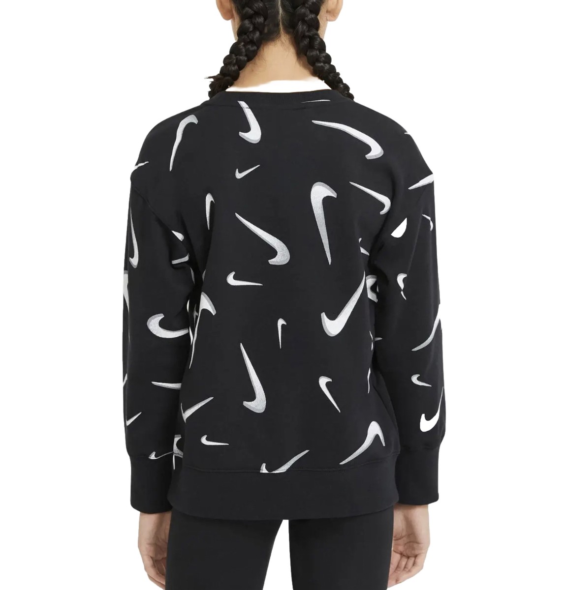 大人気 NIKE SWOOSH PRINT PREMIUM CREW GX スウェット Nike Crewneck Sweatshirt Girls XS Black White All Over Print