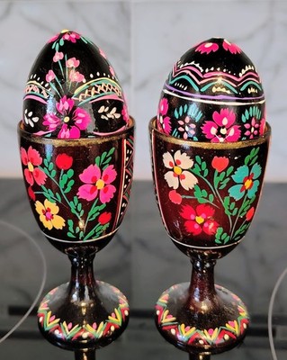 Two Real USSR Easter Egg Pysanka Pysanky 1974 Handmade By Relative Black W/Cups 