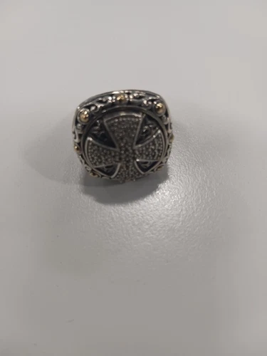 Vintage Samuel Benham BJC Pave Diamond 18k Yellow Gold & Sterling Cross Ring S 8