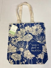 New! Eco Right Reusable Canvas Tote Bag With Zipper Blue Flowers