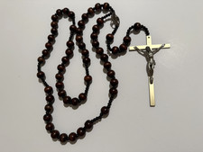Vtg Rosary 5 Decades Wood Large Crucifix I Am Catholic Medal Italy Devotional