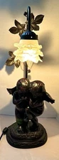 Art Nouveau Bronze-Tone Metal  Twin Winged Cherub Angels Table Lamp